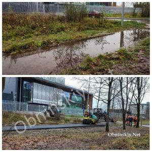 Огромная лужа на пешеходной дороге в сторону ИАТЭ. Фото ДО и ПОСЛЕ