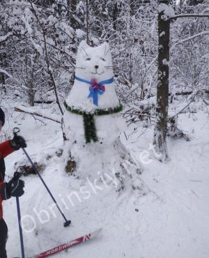 Кот-снеговик продолжает радовать обнинцев на лыжне