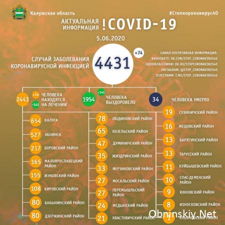 Количество заболевших коронавирусом в Калужской области 05.06.2020