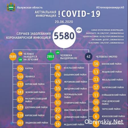 Количество заболевших коронавирусом в Калужской области 20.06.2020