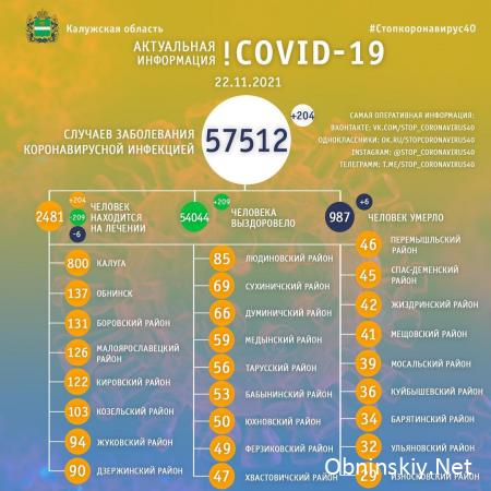 Количество заболевших коронавирусом в Калужской области 22.11.2021