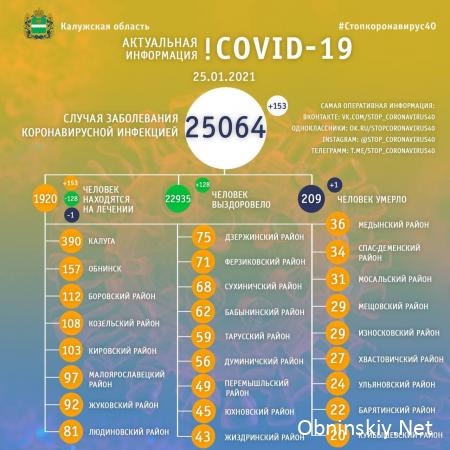 Количество заболевших коронавирусом в Калужской области 25.01.2021
