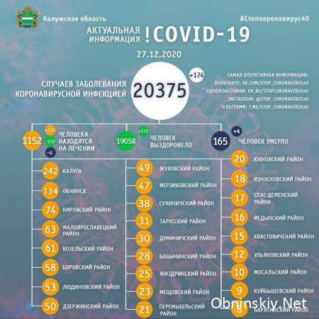 Количество заболевших коронавирусом в Калужской области 27.12.2020