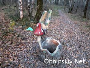 В Гурьяновском лесу фигурка. А на заднем фоне мусор. Мусора в лесу очень много.